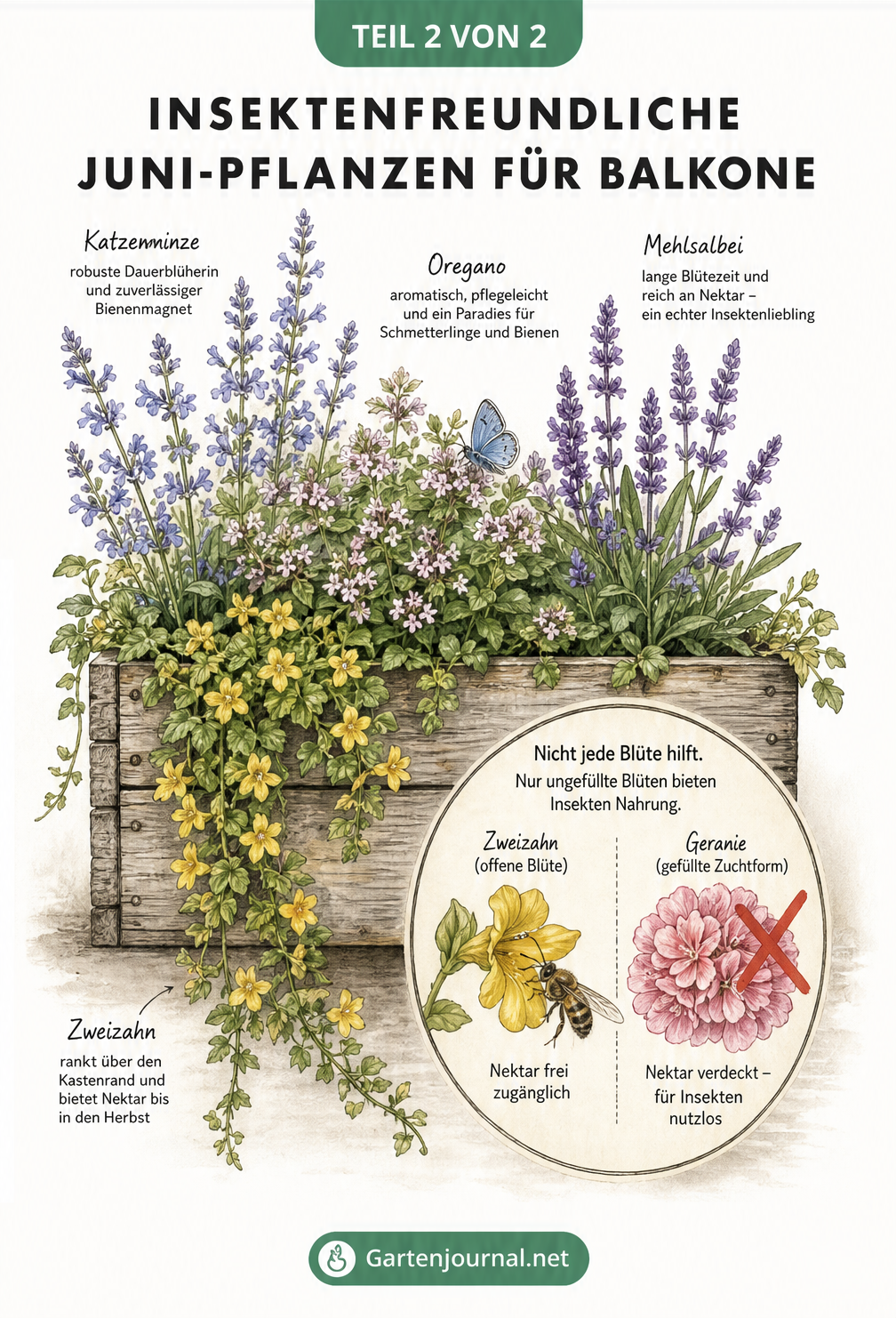 Balkonkasten mit Katzenminze, Oregano und Zweizahn sowie einem Vergleich zwischen offener und gefüllter Blüte