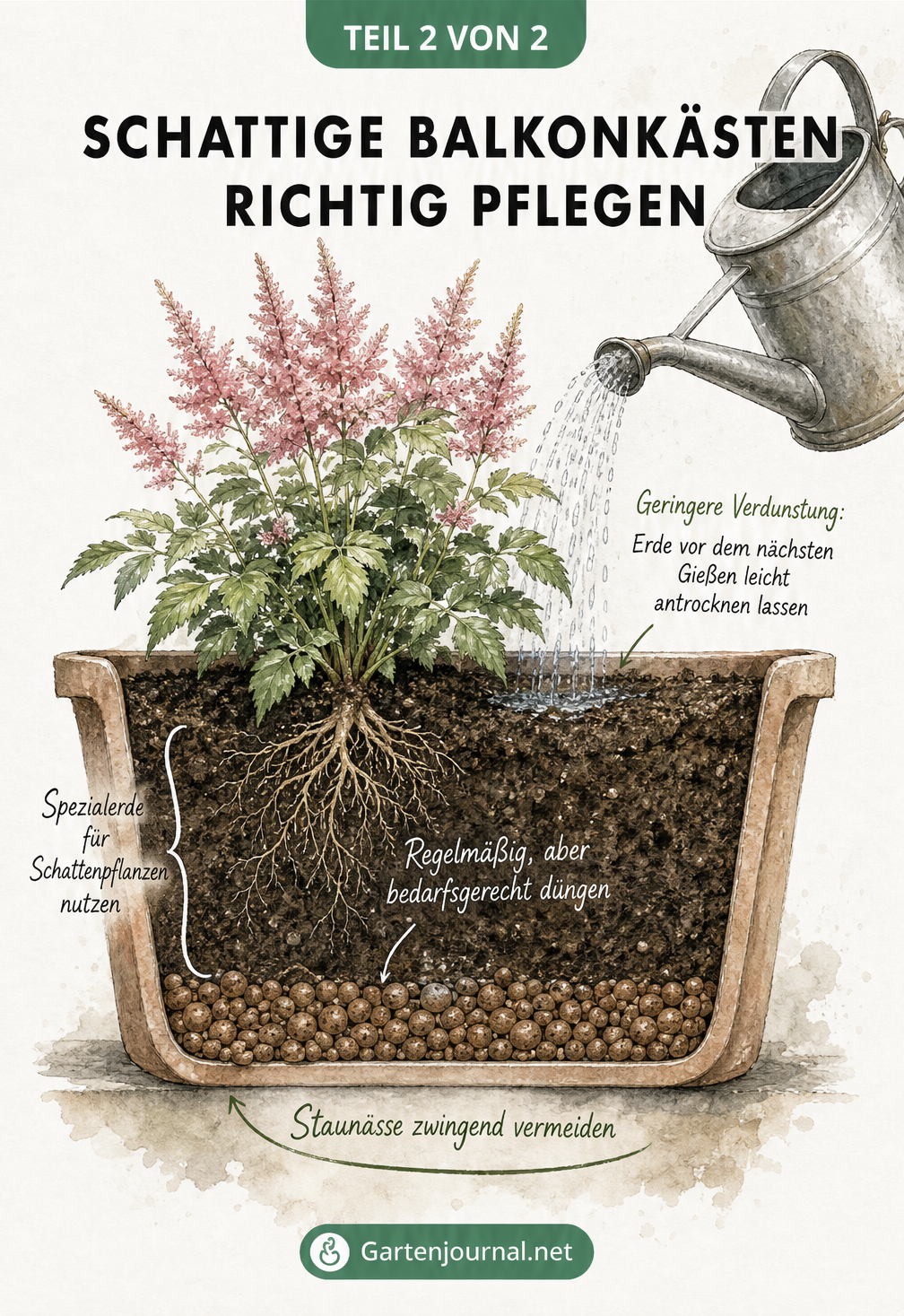 Querschnitt-Zeichnung eines Balkonkastens mit Drainageschicht, Spezialerde und einer Astilbe beim Gießen