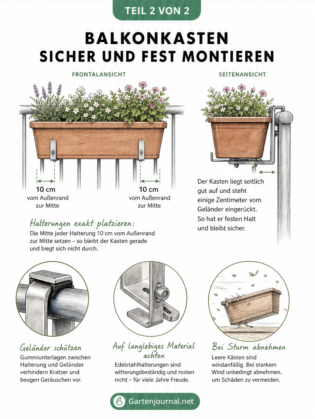 Frontal- und Seitenansicht eines montierten Balkonkastens mit Maßlinien für den Halterungsabstand und Detailaufnahmen zu Kratzschutz und Material