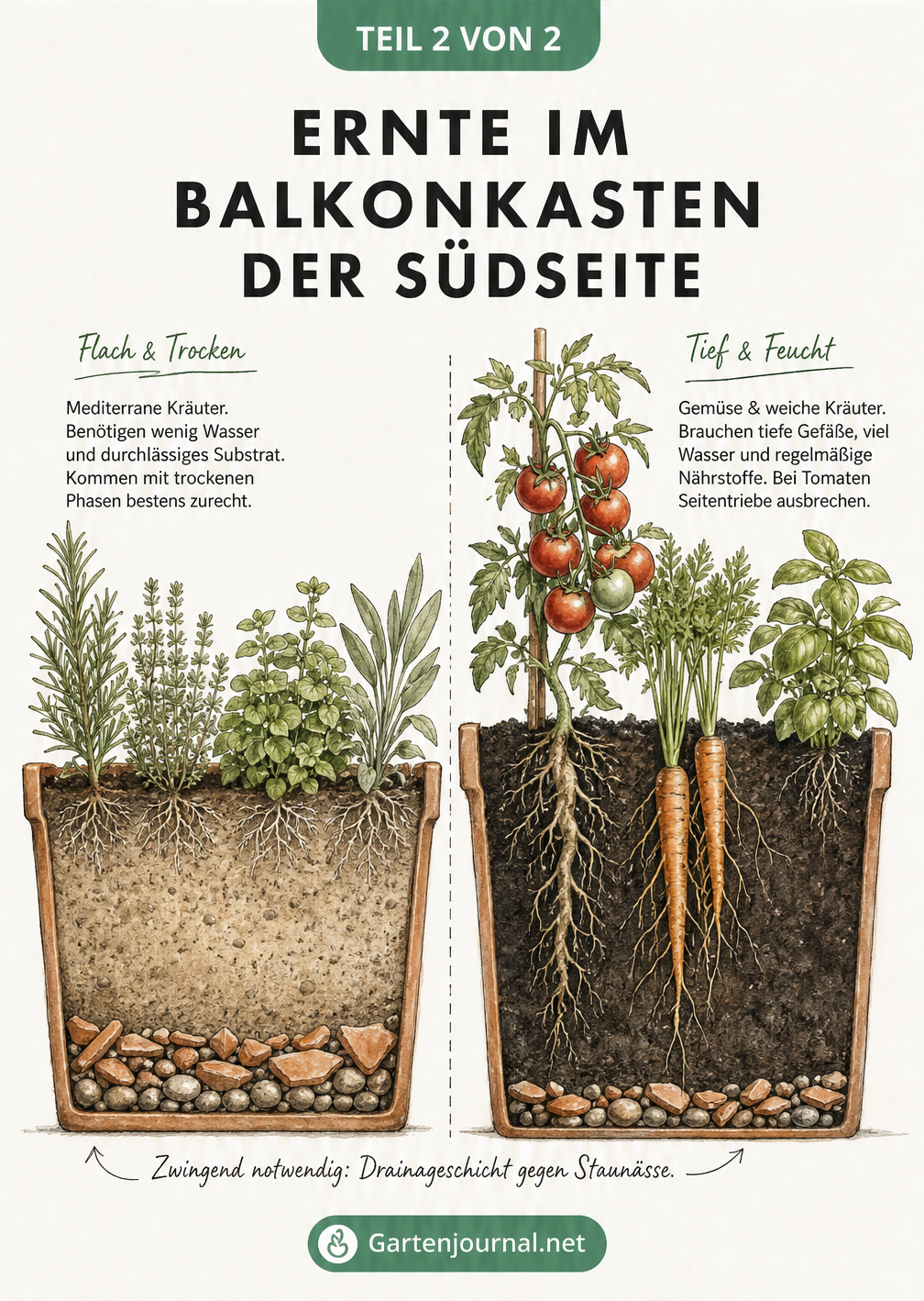 Querschnitt-Zeichnung zweier Balkonkästen, die den Unterschied zwischen flach wurzelnden mediterranen Kräutern und tief wurzelndem Gemüse zeigen