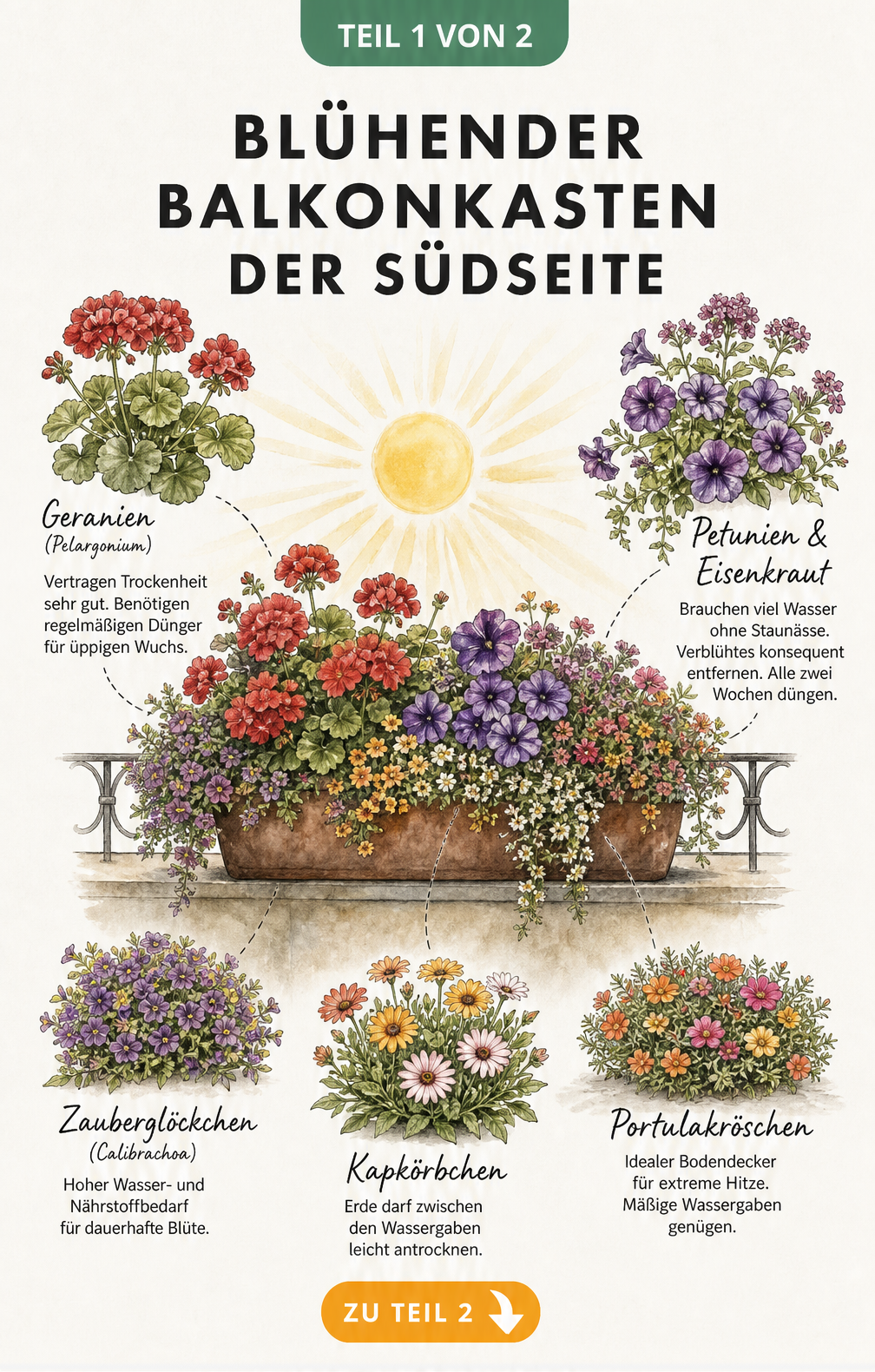 Aquarell-Illustration eines bepflanzten Balkonkastens für die Südseite mit Geranien, Petunien, Zauberglöckchen, Portulakröschen und Kapkörbchen