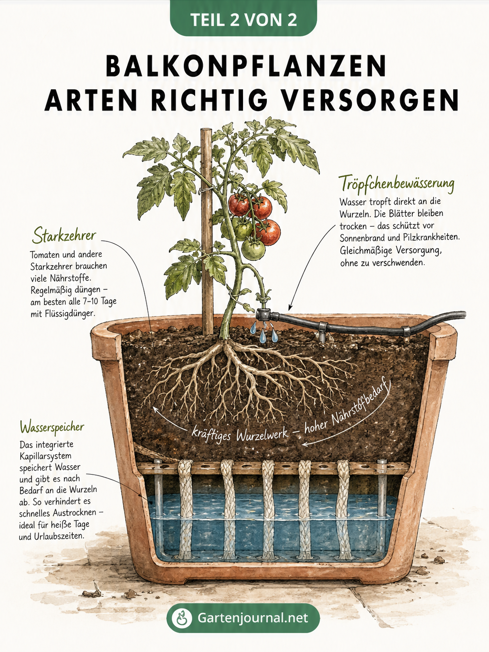Querschnitt eines Balkonkastens mit Wasserspeicher, Tomatenpflanze und Tröpfchenbewässerung