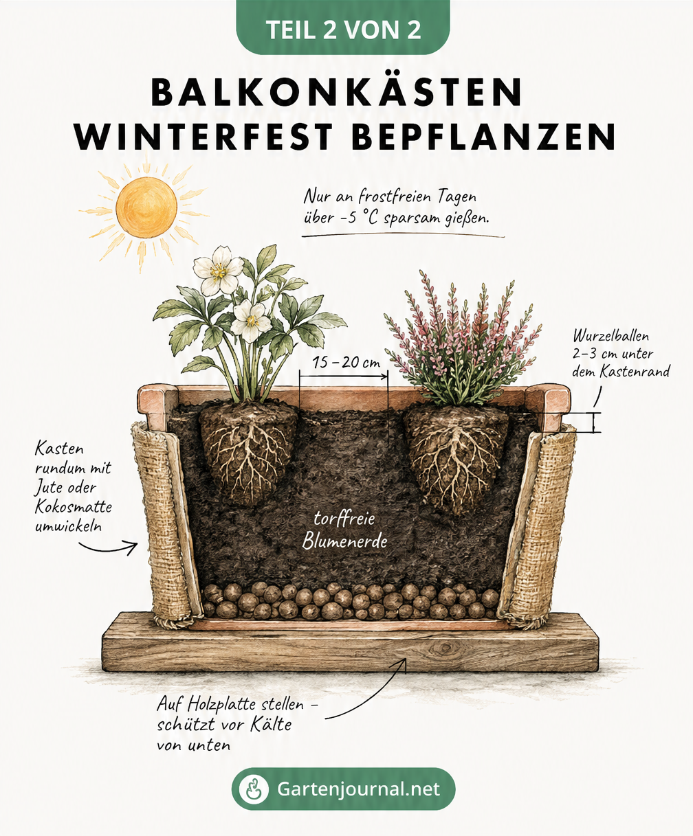 Querschnitt eines bepflanzten Balkonkastens mit Isolierung aus Jute und Holzplatte