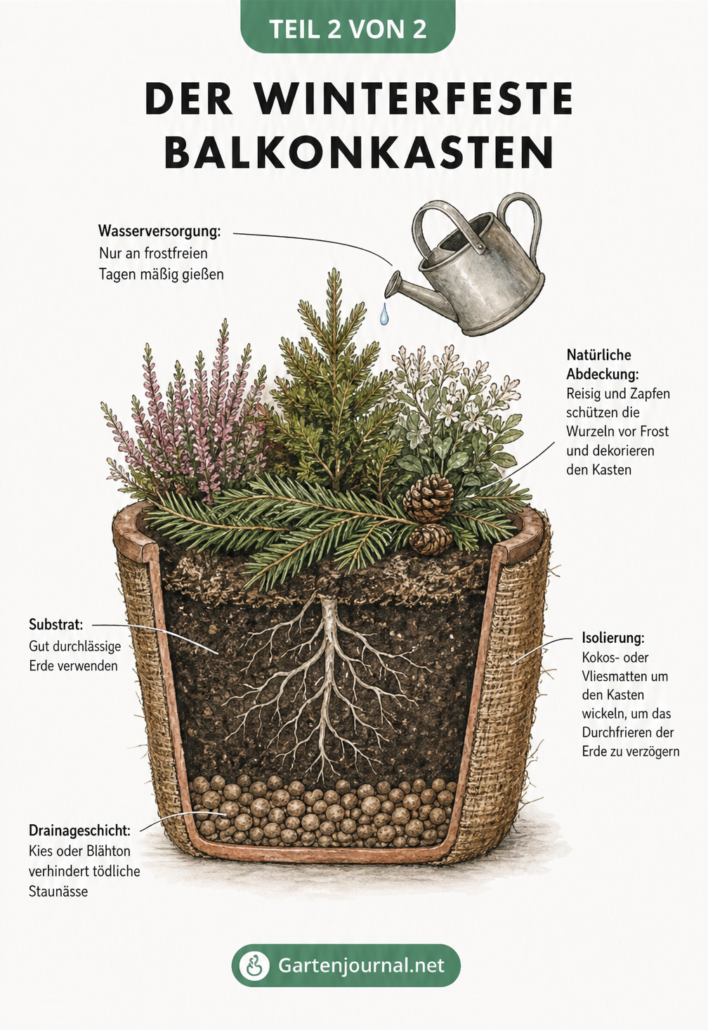 Querschnitt eines winterfesten Balkonkastens mit Drainageschicht, durchlässigem Substrat, natürlicher Abdeckung aus Reisig und isolierender Kokosmatte