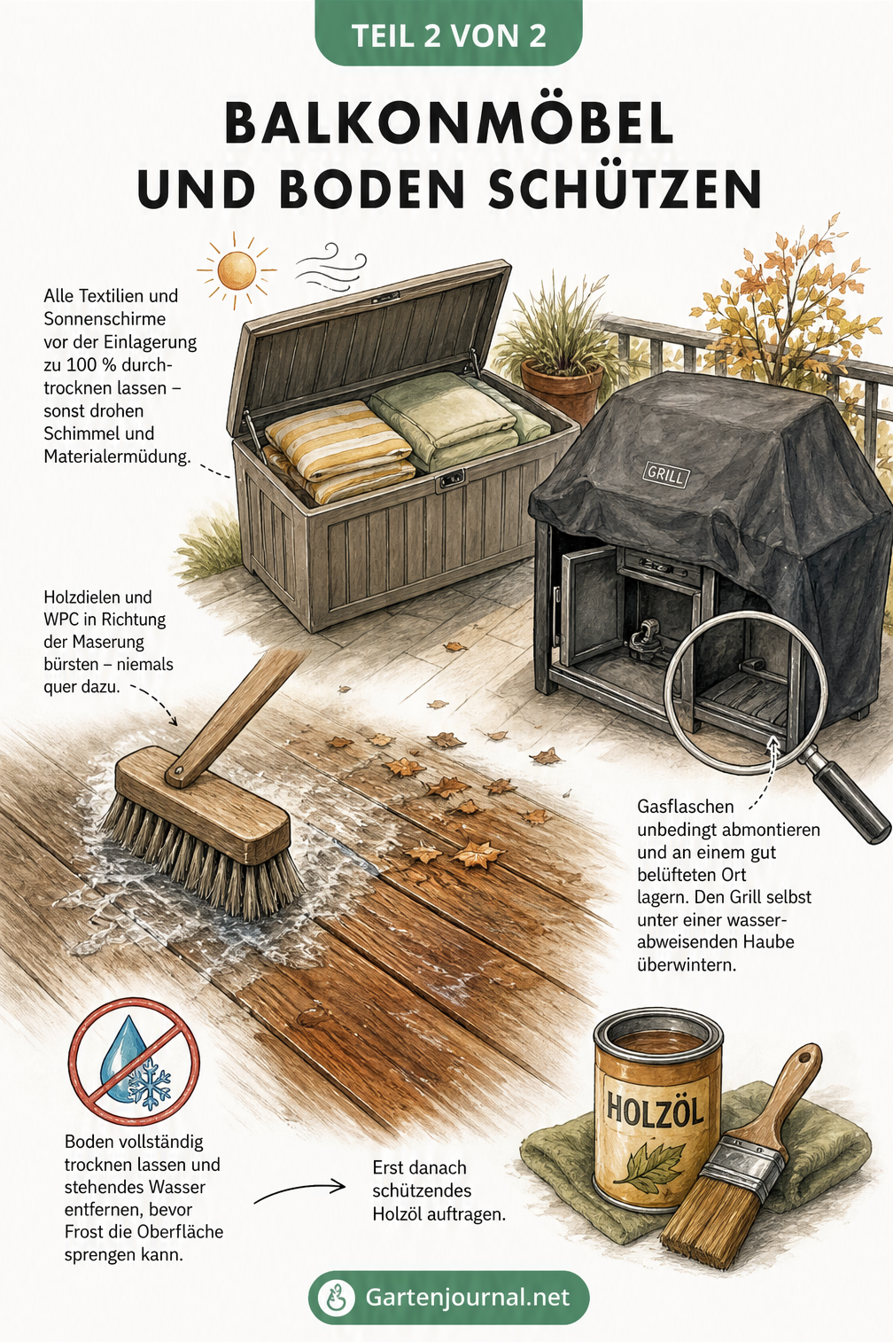 Illustration eines winterfesten Balkons: Holzboden wird gebürstet, Gasgrill ist abgedeckt und Textilien lagern in einer wasserdichten Box.