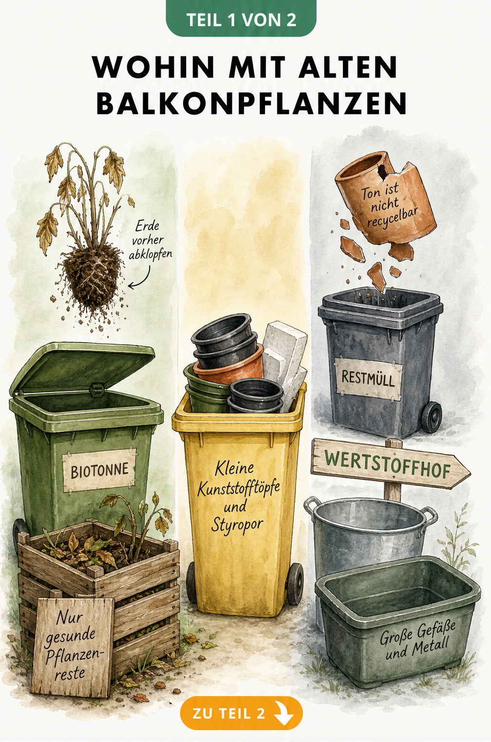 Illustration einer Sortierstation für Balkonpflanzen mit Biotonne, Kompost, gelber Tonne und Restmüll