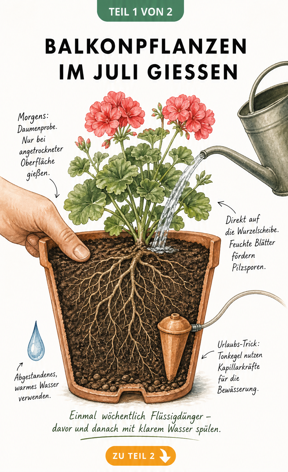 Illustration eines bepflanzten Terrakotta-Topfes im Querschnitt, die das richtige Gießen von Balkonpflanzen im Juli zeigt.