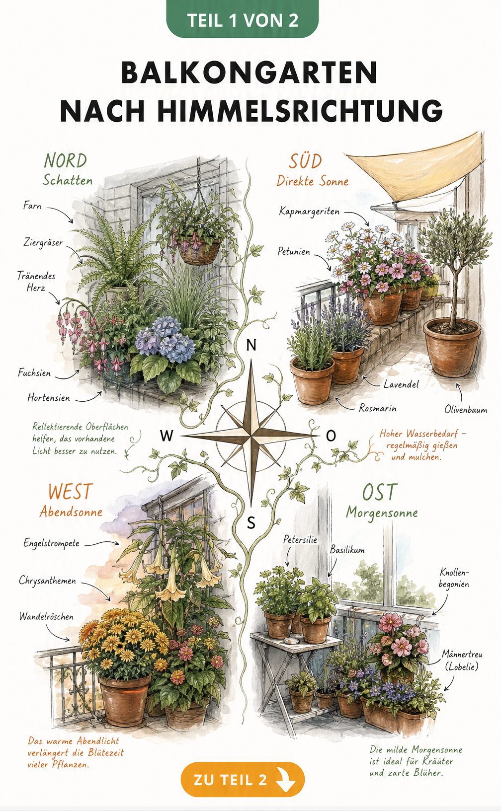 Botanische Illustration eines Balkongartens nach Himmelsrichtungen mit passenden Pflanzen für Süd, Nord, Ost und West