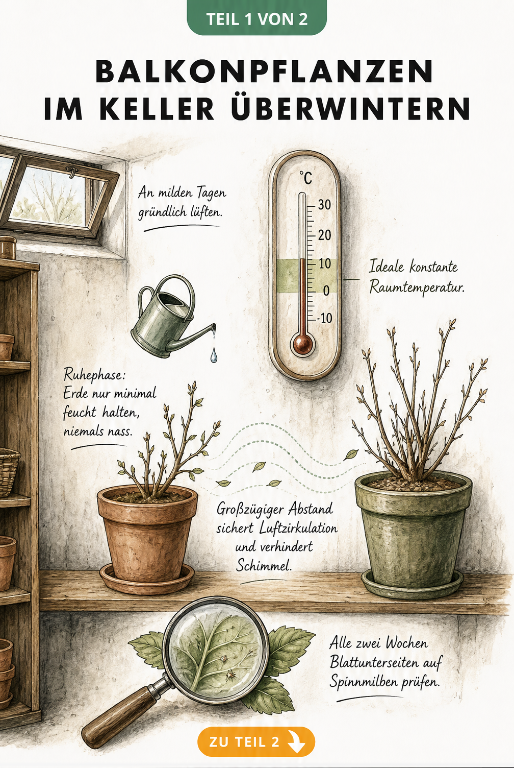 Illustration eines Kellers mit Thermometer, Pflanzen auf Regal mit Abstand und Gießkanne für Balkonpflanzen-Überwinterung