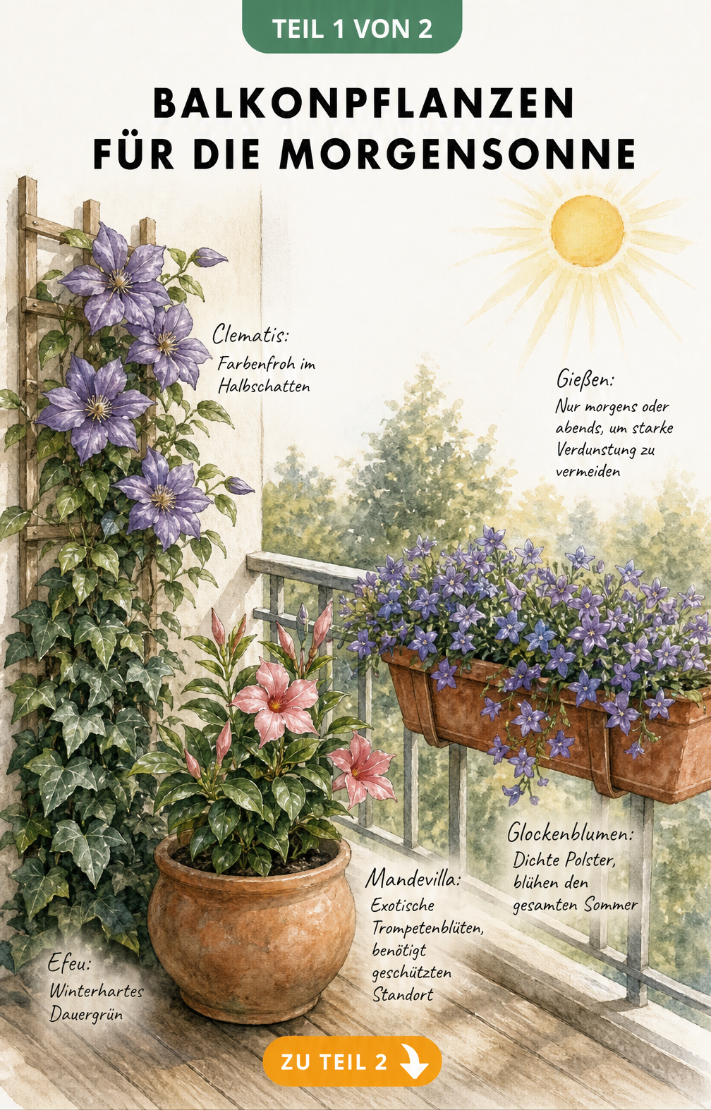 Aquarell-Illustration eines Ostbalkons mit Clematis, Efeu, Glockenblumen und Mandevilla im Morgenlicht
