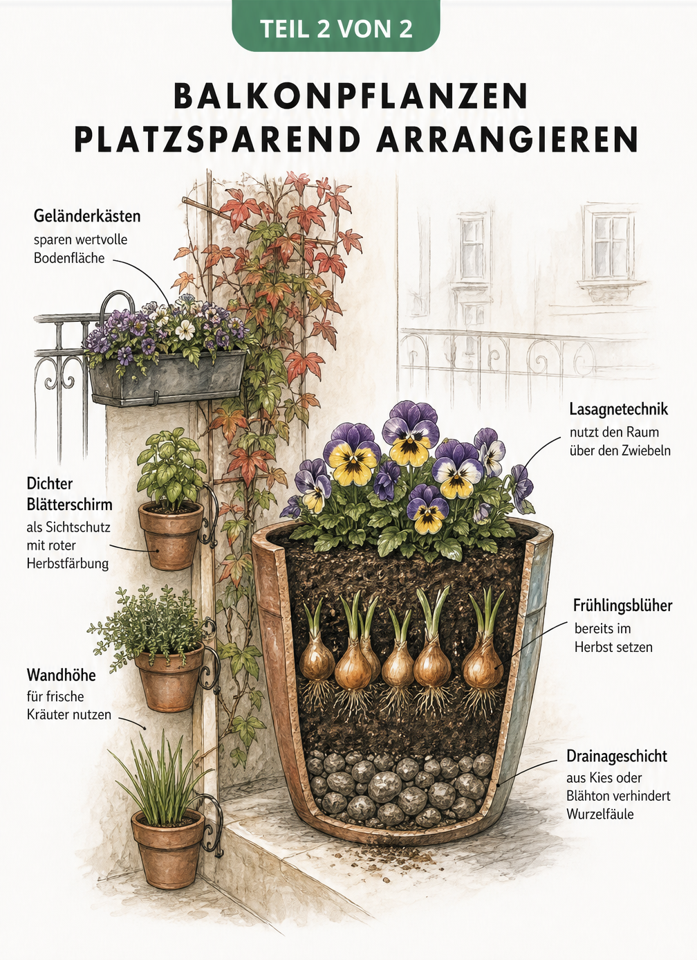 Querschnitt eines Pflanzkübels mit Drainageschicht und Lasagnetechnik sowie vertikale Balkonbepflanzung