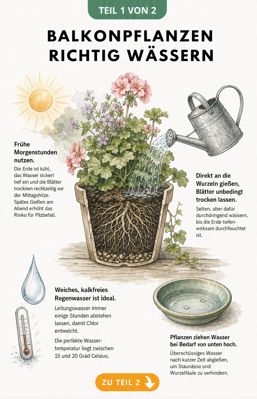 Illustration einer Balkonpflanze im Querschnitt-Topf mit Tipps zum richtigen Gießen, Wasserqualität und Tageszeit