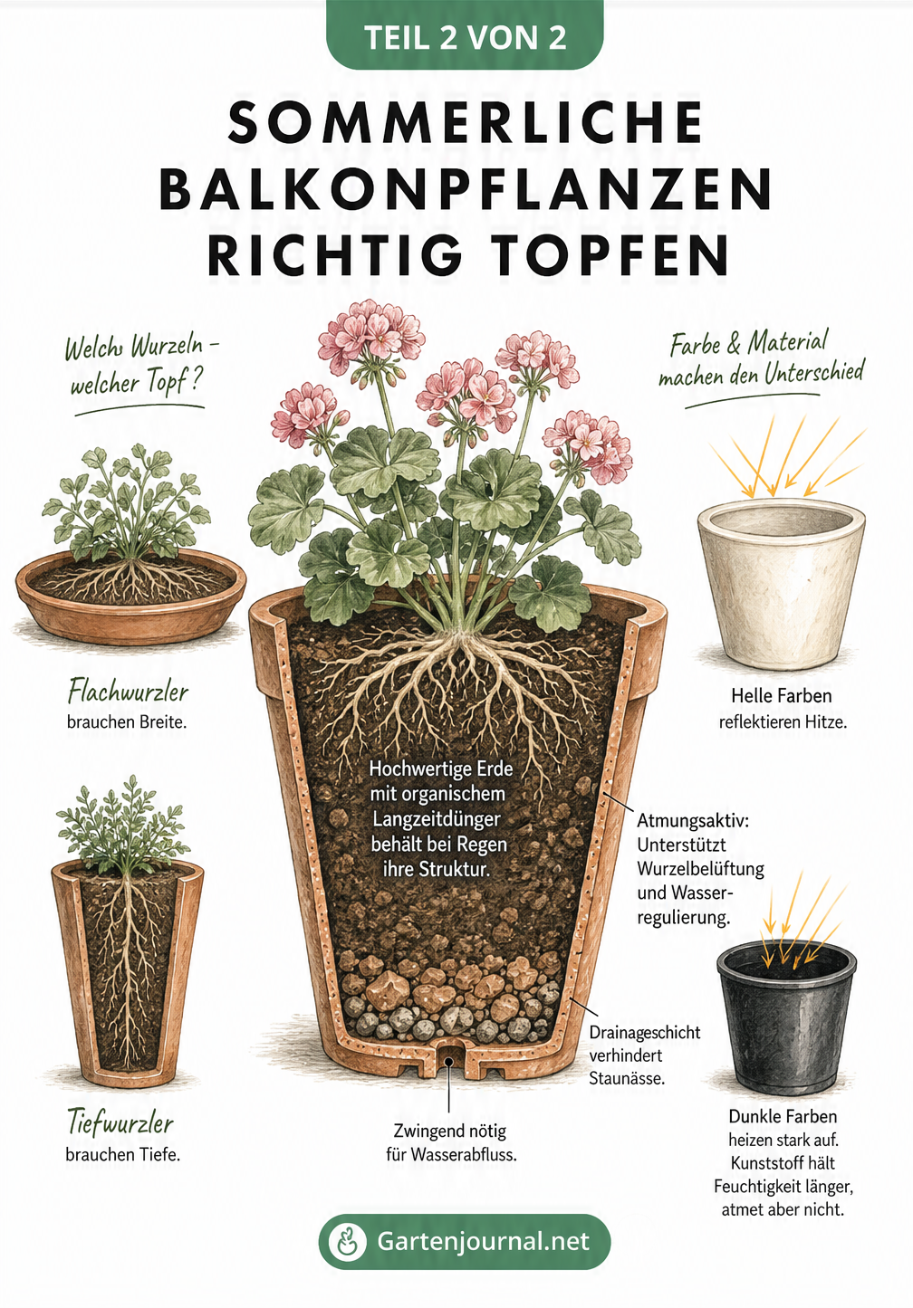 Querschnitt eines bepflanzten Terrakotta-Topfes mit Drainageschicht, Erde und Wurzelwerk