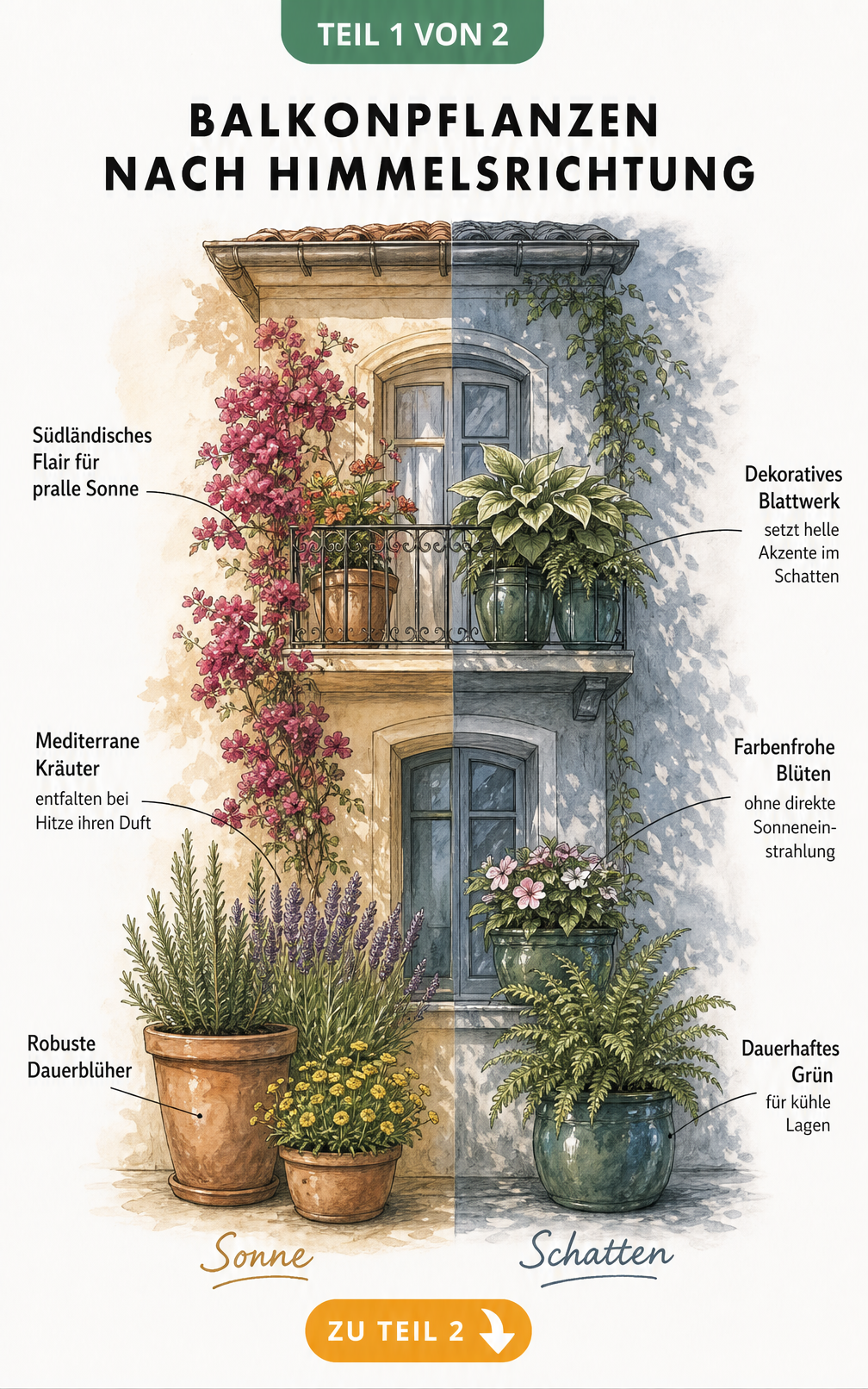 Handgezeichnete Illustration einer Hausfassade mit Balkonpflanzen für sonnige und schattige Standorte