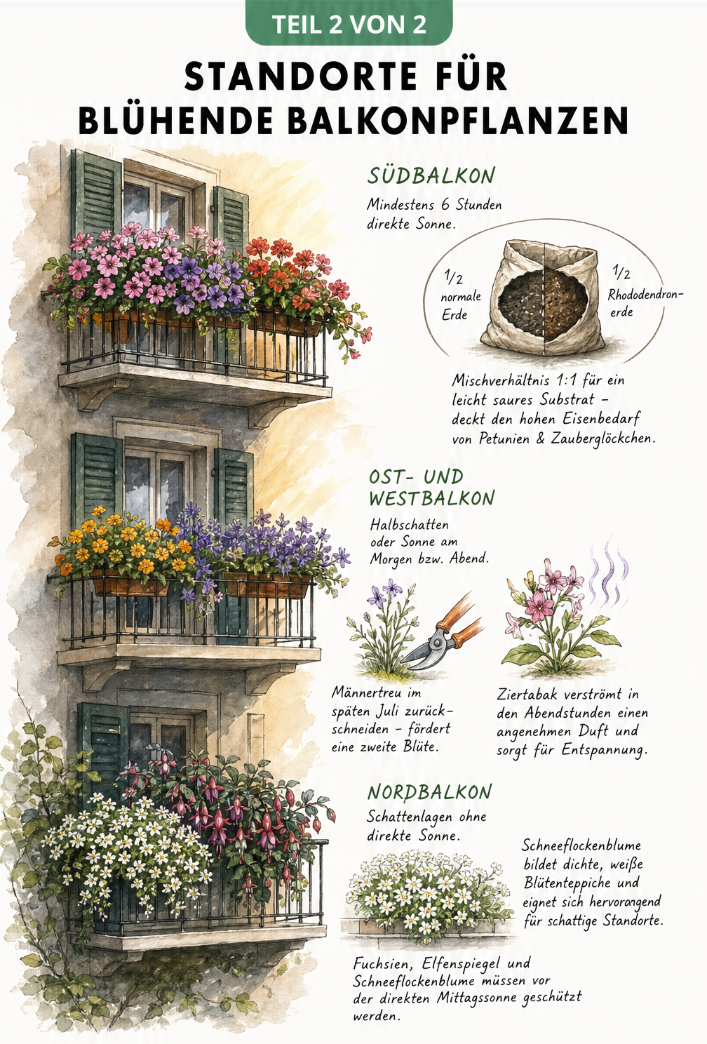 Aquarell-Zeichnung von drei Balkonen mit unterschiedlicher Sonneneinstrahlung und passenden Pflanzen
