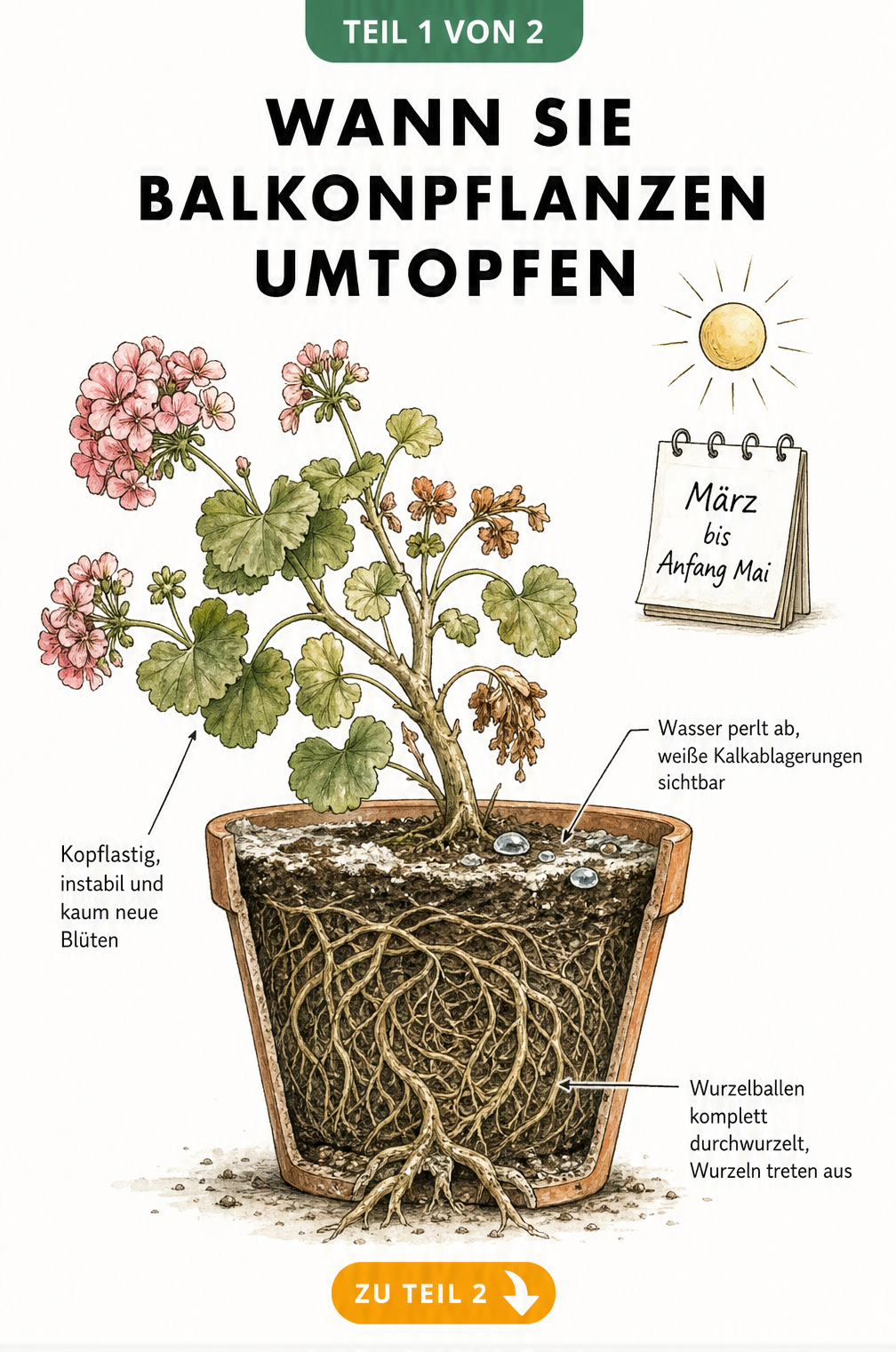 Illustration einer Balkonpflanze im Querschnitt, die Platzmangel zeigt, mit Hinweisen auf den idealen Umtopf-Zeitraum von März bis Mai.