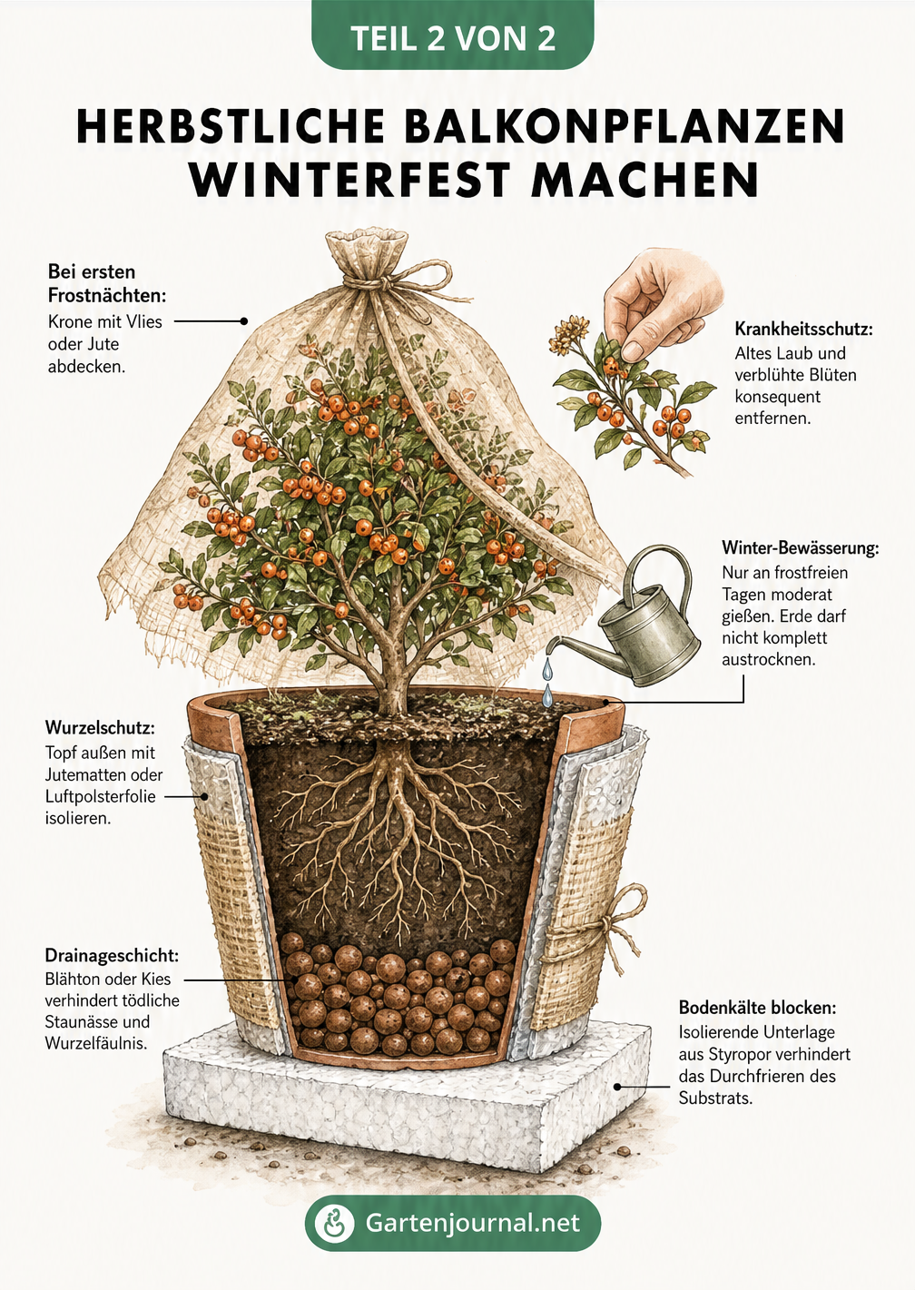 Querschnitt eines Pflanzkübels mit Feuerdorn, der Winterschutzmaßnahmen wie Jute, Luftpolsterfolie und Styropor zeigt