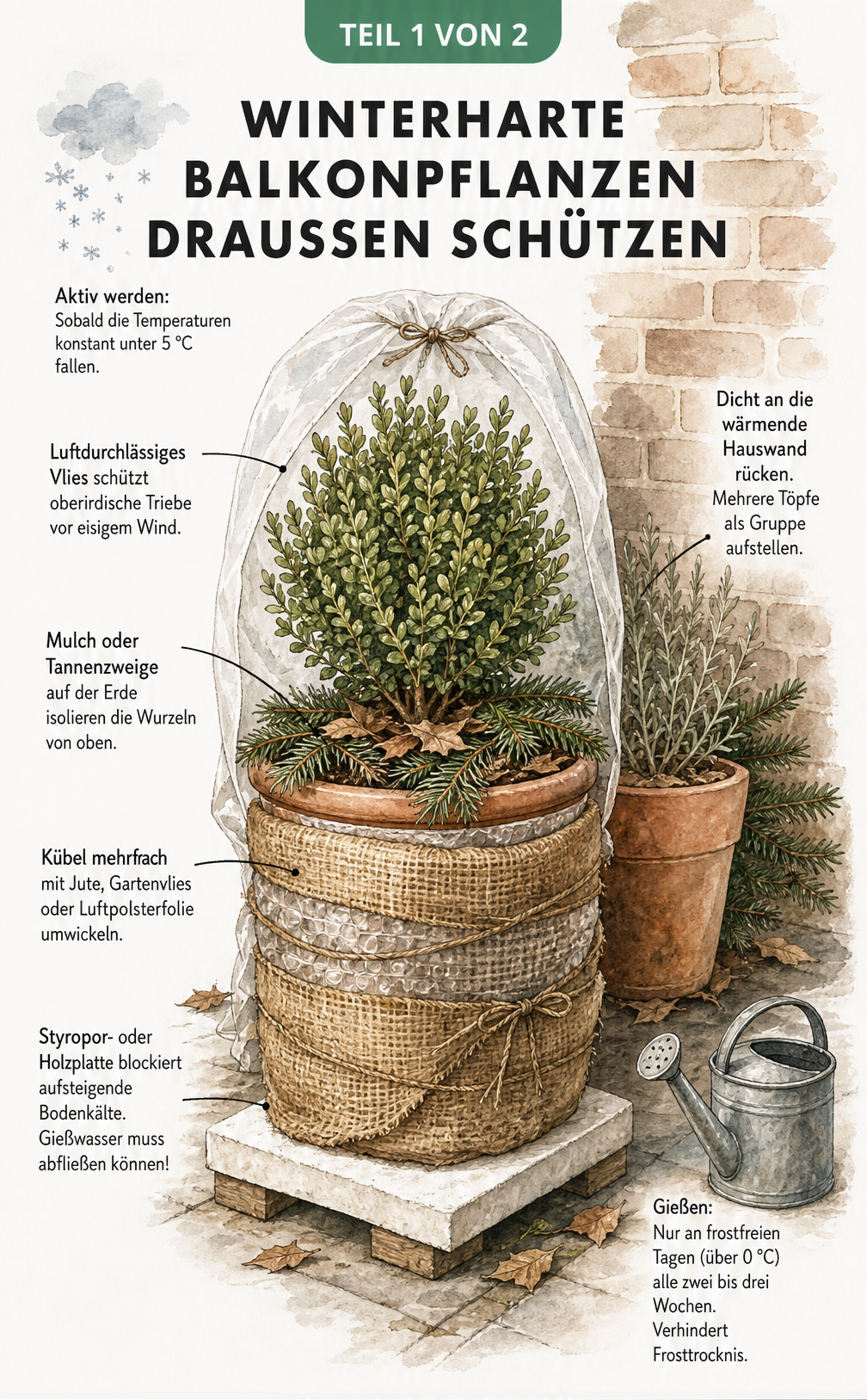Schnitt-Illustration einer getopften Balkonpflanze mit Schutzmaßnahmen wie Vlies, Mulch und Styroporplatte für den Winter