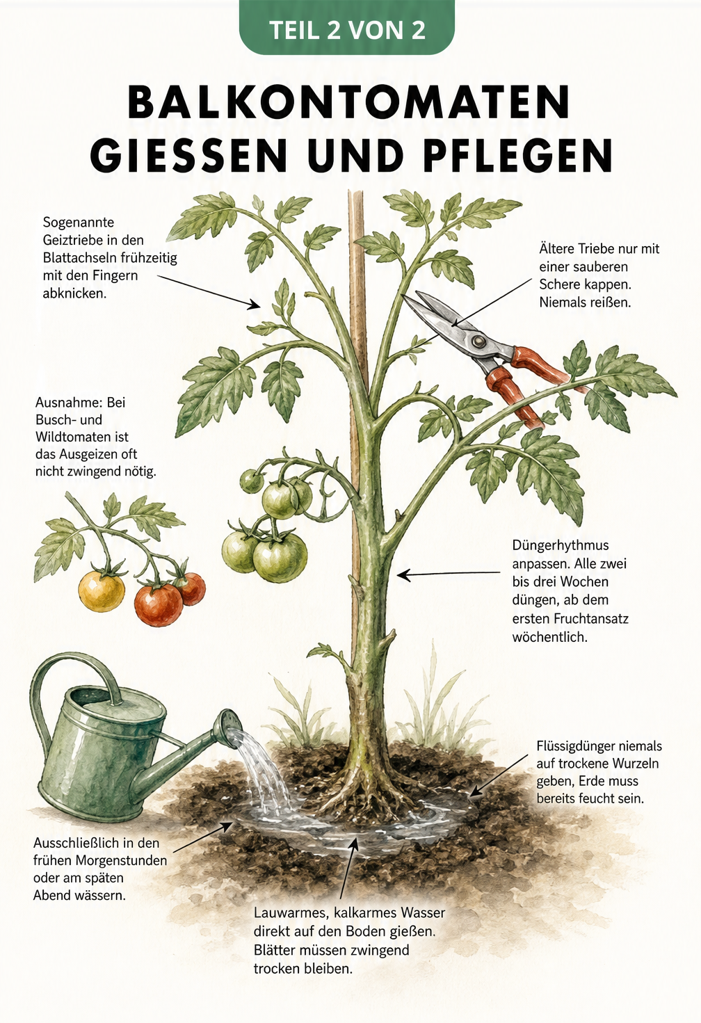 Illustration einer Tomatenpflanze mit Hinweisen zum Ausgeizen, Düngen und Gießen