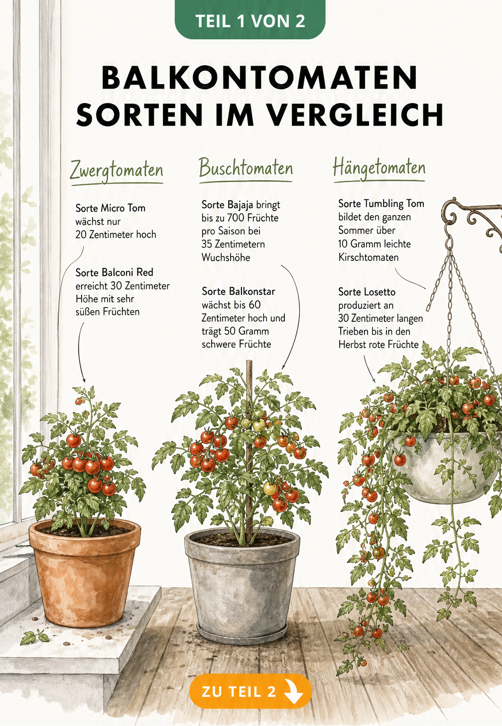 Illustration von drei Balkontomaten-Typen: Zwergtomaten, Buschtomaten und Hängetomaten im Größenvergleich
