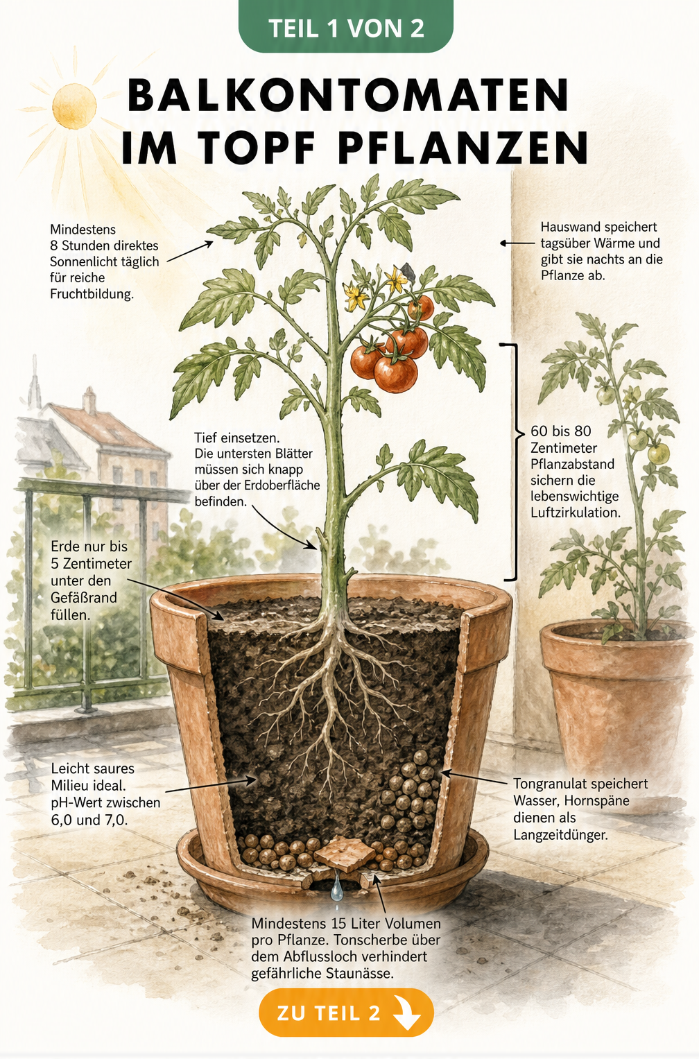 Querschnitt eines Pflanzkübels mit Balkontomate, der die richtige Pflanztiefe, Erde und Drainage zeigt