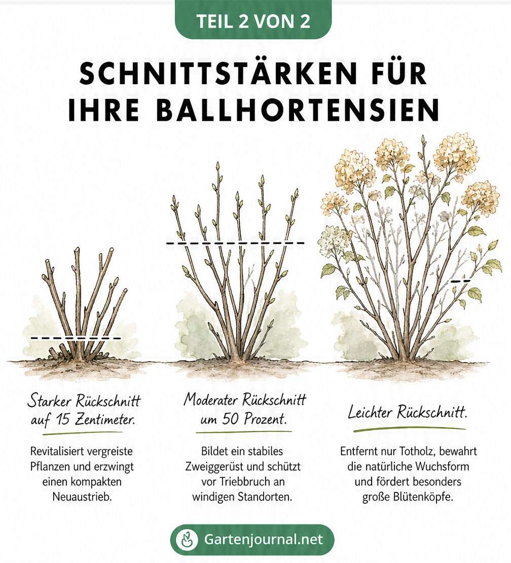 Drei Strauch-Silhouetten zeigen unterschiedliche Schnittstärken bei Ballhortensien: starker, moderater und leichter Rückschnitt