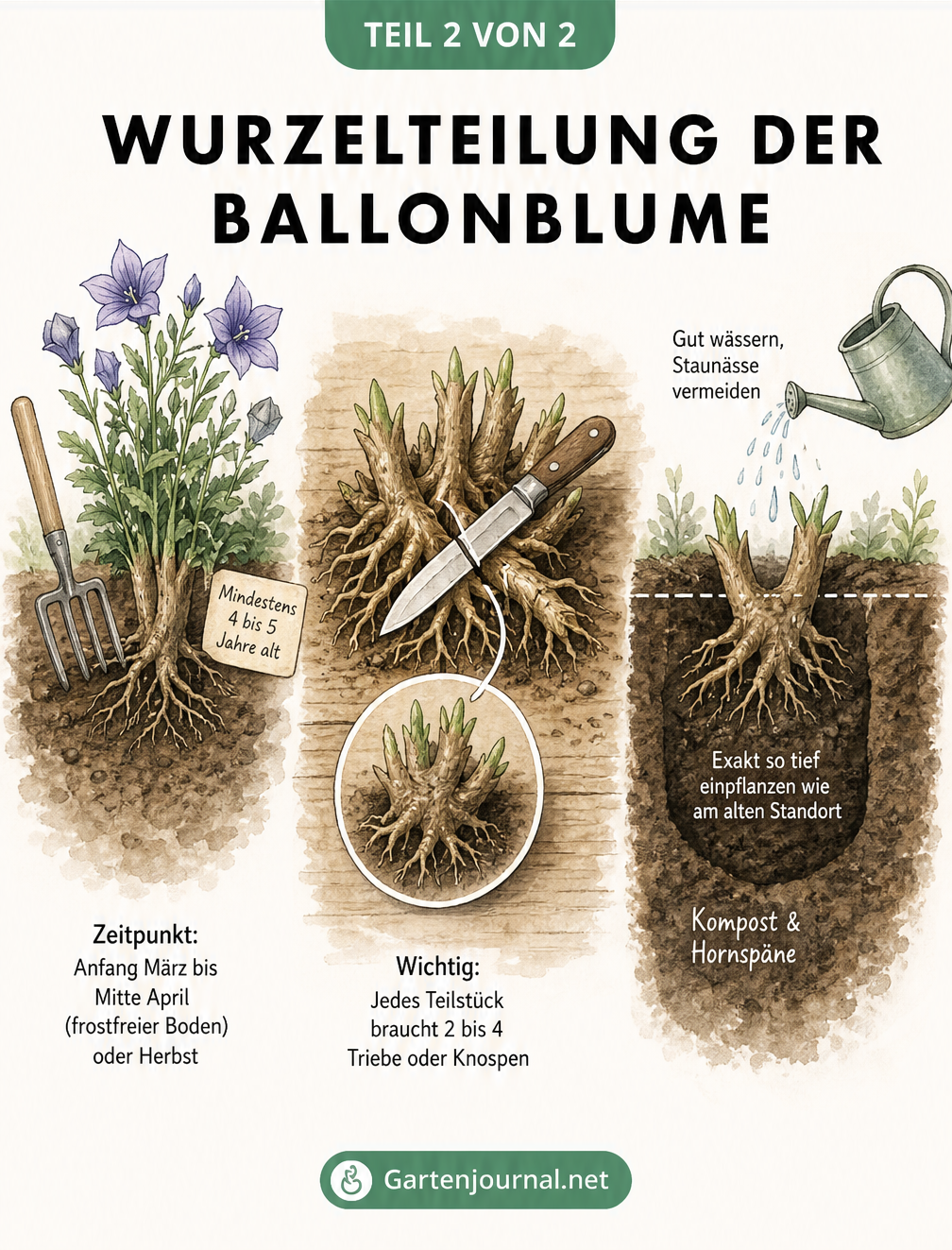 Aquarell-Illustration zur Wurzelteilung der Ballonblume mit Grabegabel und Messer