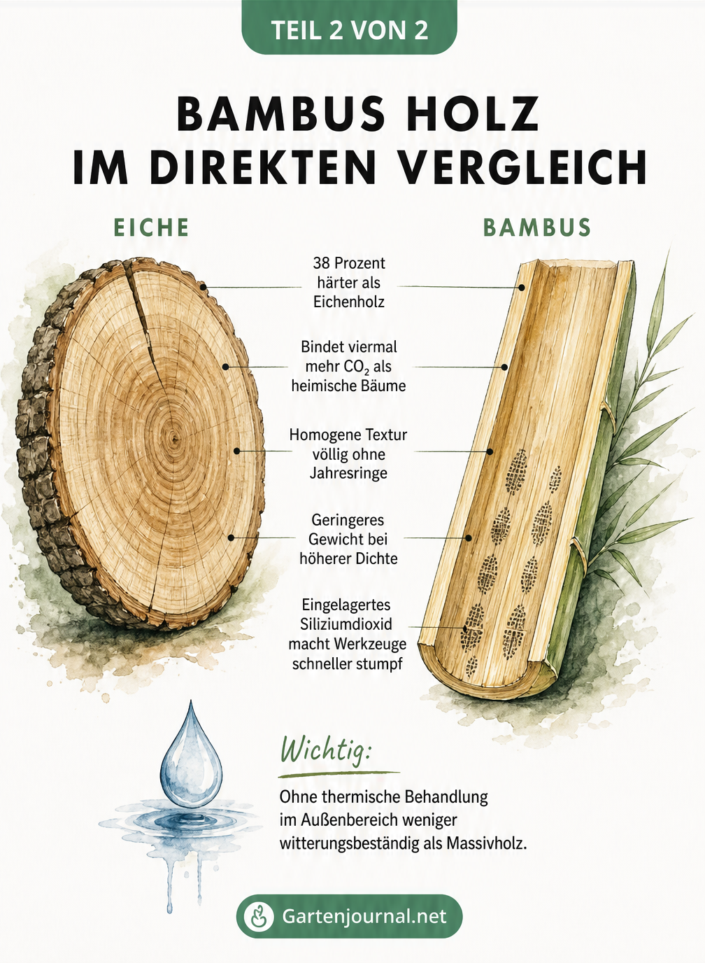 Vergleich zwischen einer Eichenholz-Baumscheibe mit Jahresringen und einem aufgespaltenen Bambushalm mit dunklen Leitbündeln.
