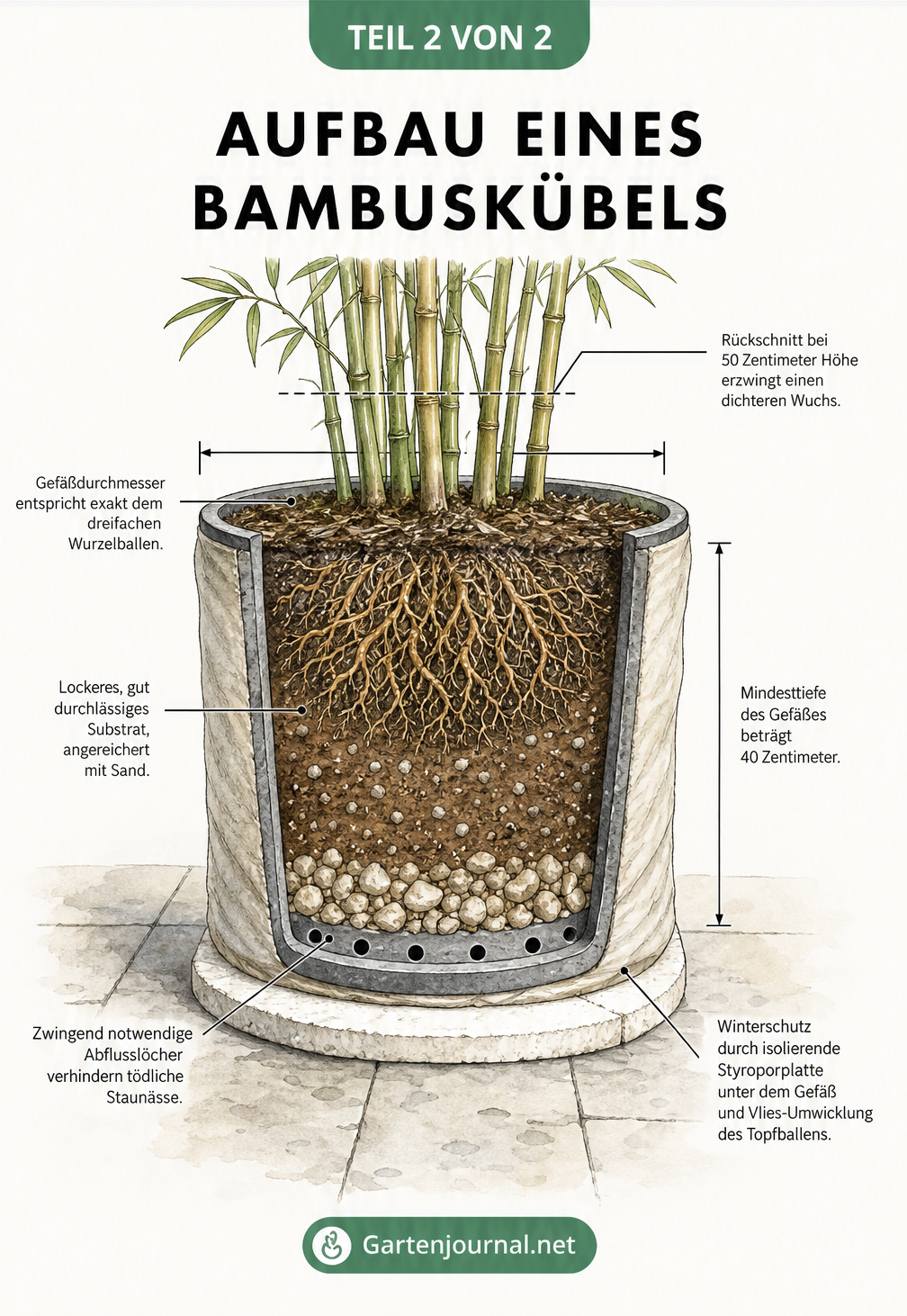 Querschnitt eines bepflanzten Bambuskübels auf einer Terrasse mit Maßangaben zu Topfgröße, Substrat, Abflusslöchern und Winterschutz.
