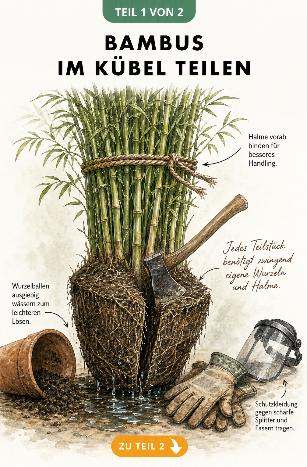 Illustration eines Bambus-Wurzelballens, der aus einem Kübel gezogen und mit einer Axt geteilt wird