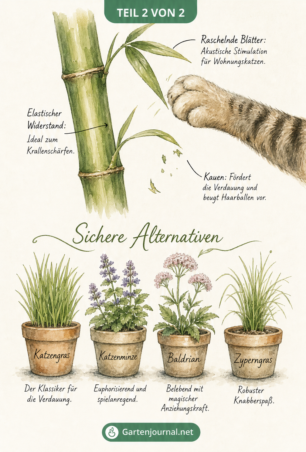 Illustration eines Bambushalms mit Katzenpfote und vier sicheren Pflanzenalternativen für Katzen: Katzengras, Katzenminze, Baldrian und Zyperngras.
