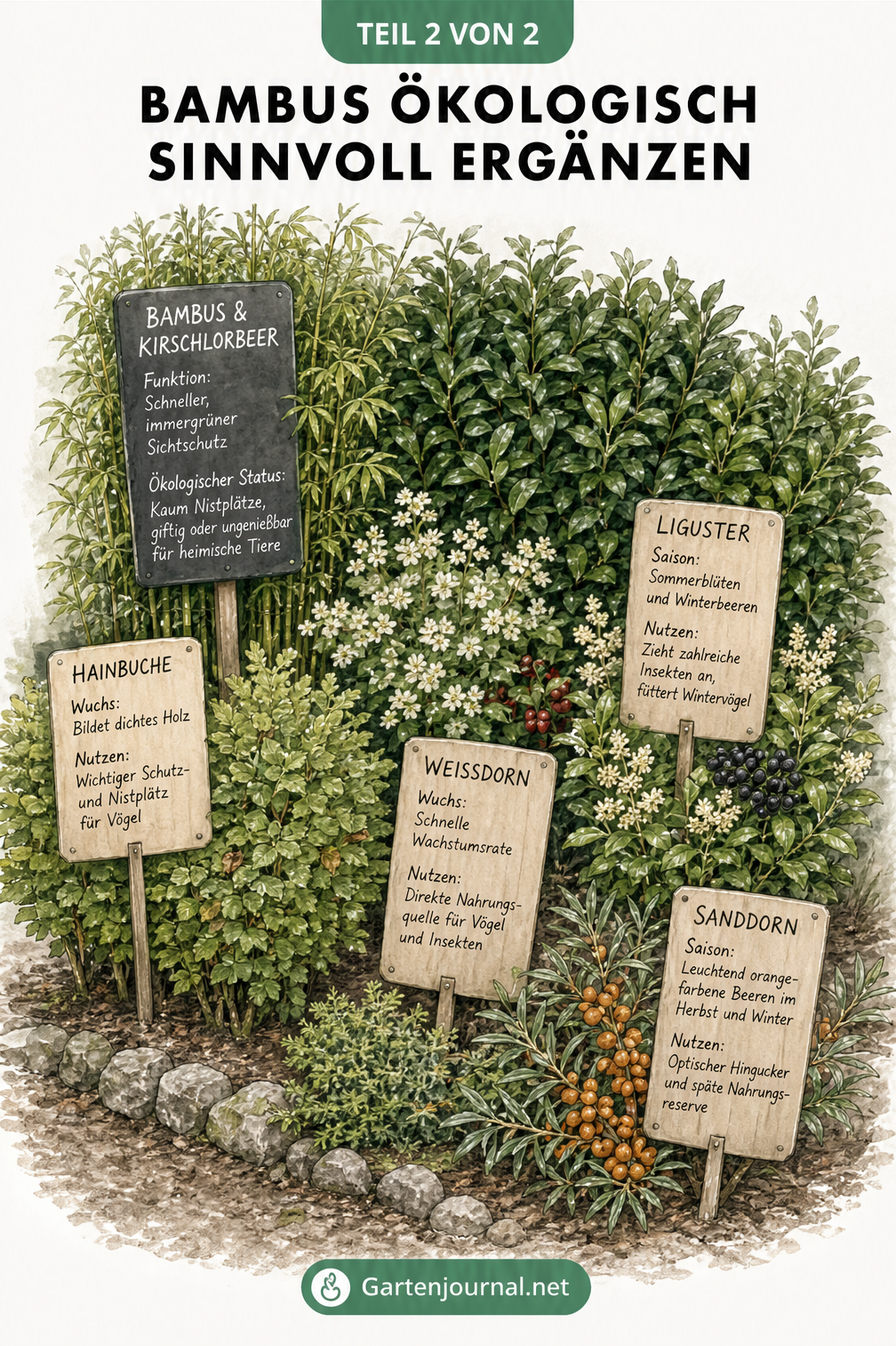 Gartenarchitektur-Skizze einer Hecke aus Bambus und Kirschlorbeer, ergänzt durch heimische Pflanzen wie Hainbuche und Weißdorn.