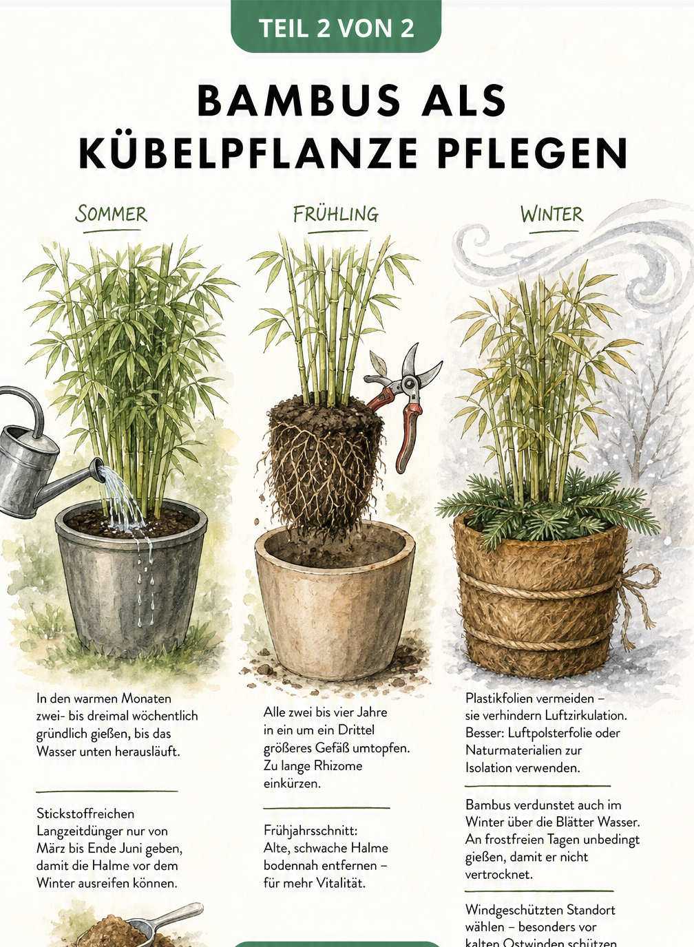 Illustration der Bambuspflege im Kübel über die Jahreszeiten: Gießen im Sommer, Umtopfen im Frühjahr und Winterschutz