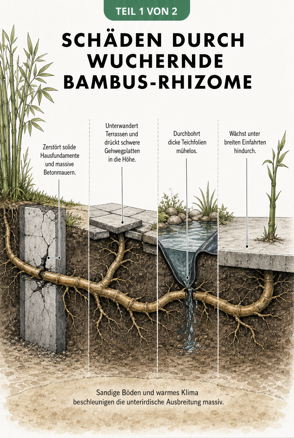 Querschnitt durch einen Gartenboden zeigt, wie Bambus-Rhizome Betonmauern, Terrassenplatten und Teichfolien durchbohren