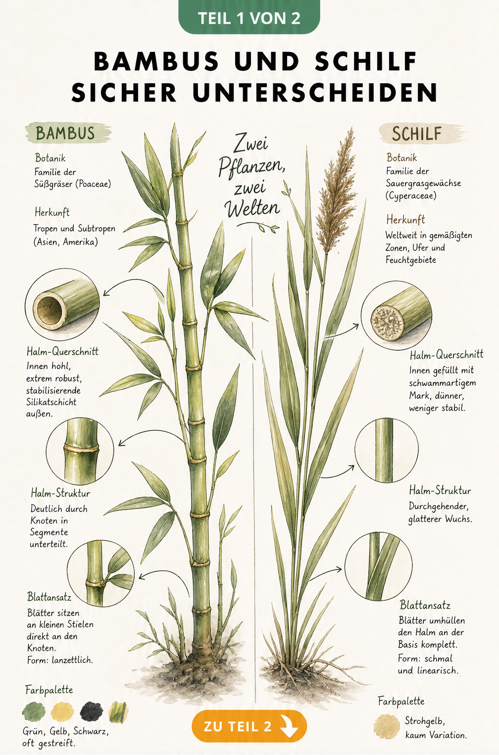 Botanische Illustration der Unterschiede zwischen Bambus und Schilf mit Fokus auf Halmstruktur und Blätter