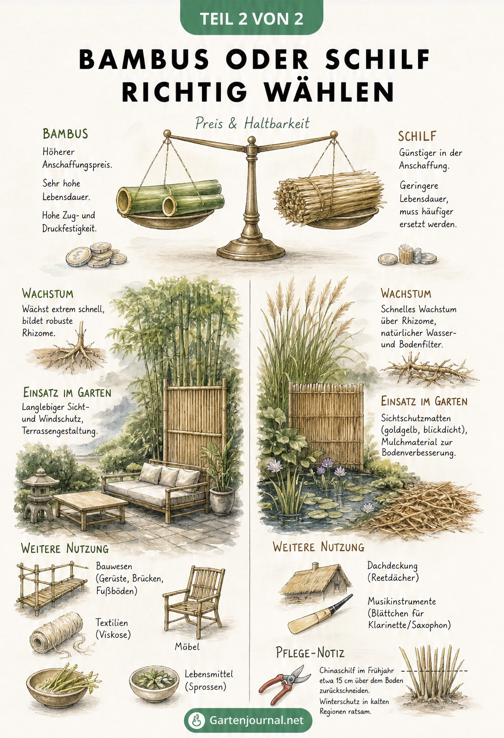 Illustration zur Auswahl von Bambus oder Schilf für den Garten mit Fokus auf Kosten, Haltbarkeit und Pflege