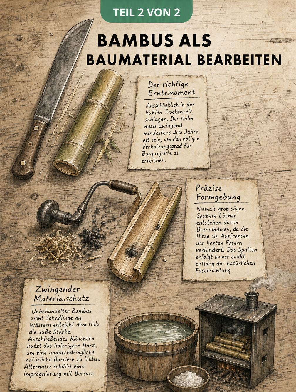 Illustration einer Werkbank mit Werkzeugen und Bambusstücken, die Ernte, Formgebung und Materialschutz von Bambus zeigen