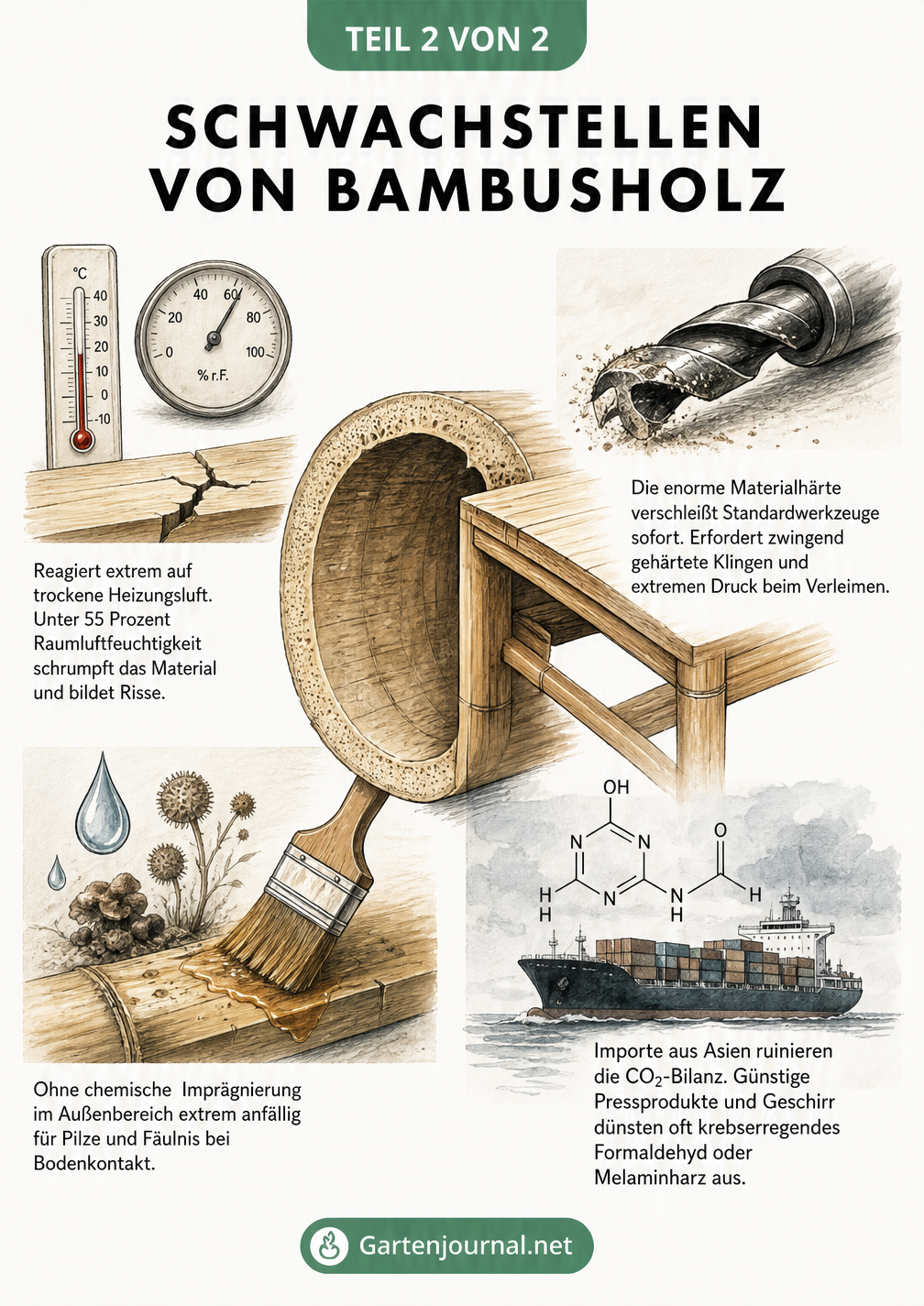 Architektonische Materialstudie eines Bambusrohrs, das Risse durch trockene Luft, Verschleiß an Werkzeugen, Pilzbefall und CO2-Belastung durch Importe zeigt
