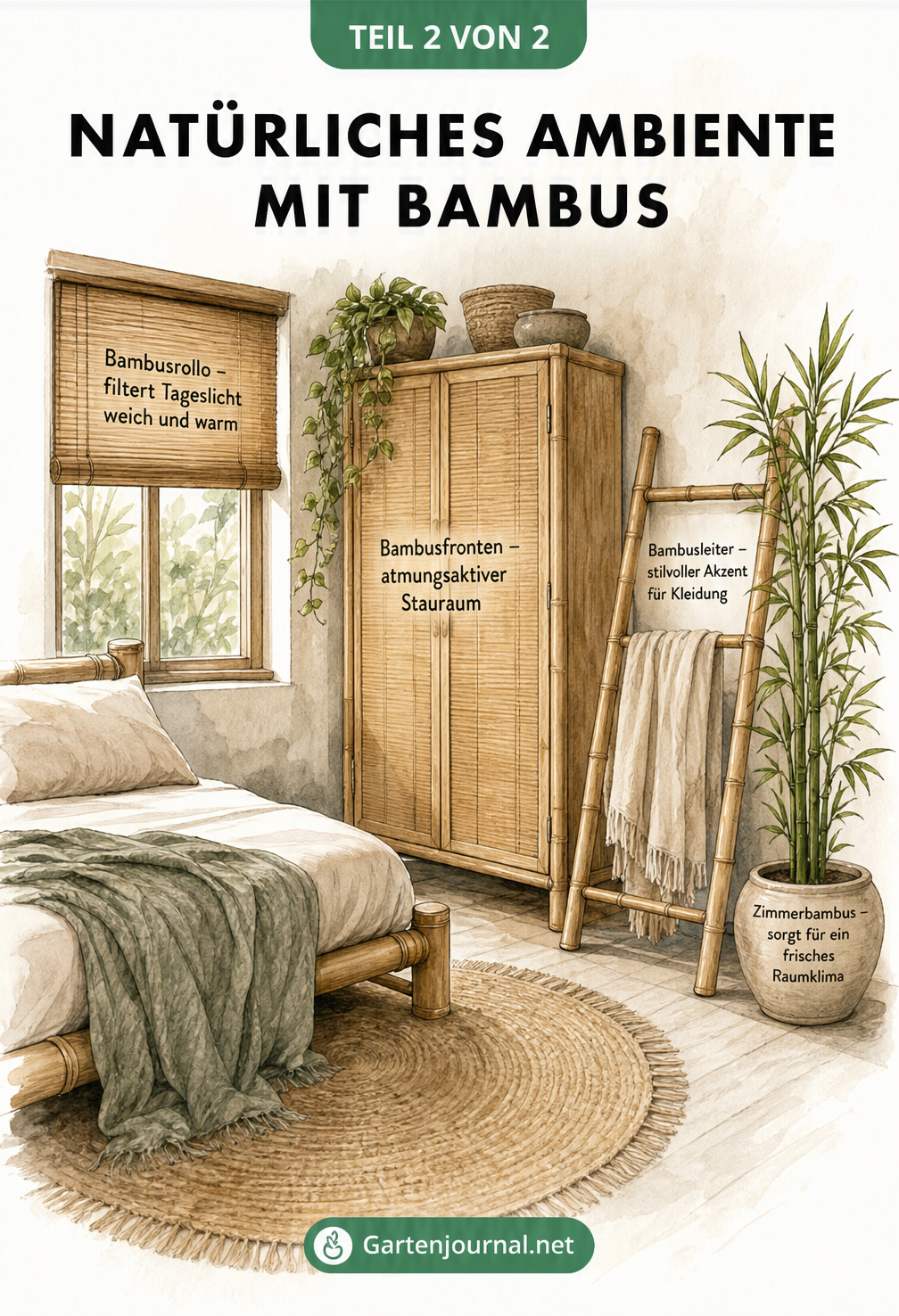 Raumskizze einer Schlafzimmerecke im Boho-Stil mit Bambusrollo, Bambus-Kleiderschrank, Bambusleiter und einer Zimmer-Bambuspflanze