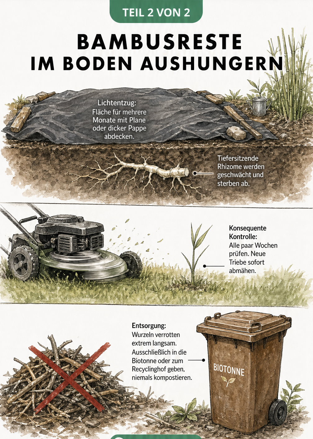 Illustration einer Gartenlandschaft im Querschnitt, die das Abdecken von Bambusresten mit einer Plane, das Abmähen neuer Triebe und die korrekte Entsorgung in...