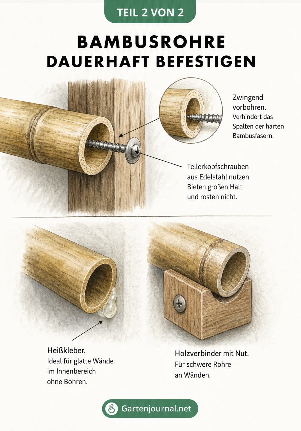 Illustration zur dauerhaften Befestigung dicker Bambusrohre an Holzpfosten und Wänden