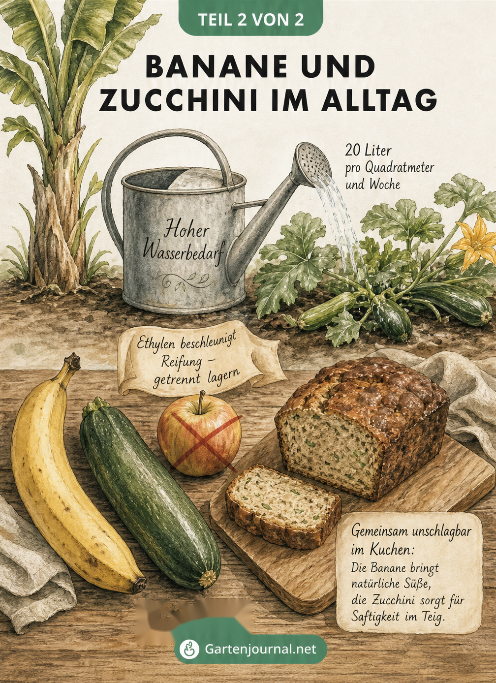 Illustration von Zucchini-Anbau und Lagerung von Bananen und Zucchini in der Küche
