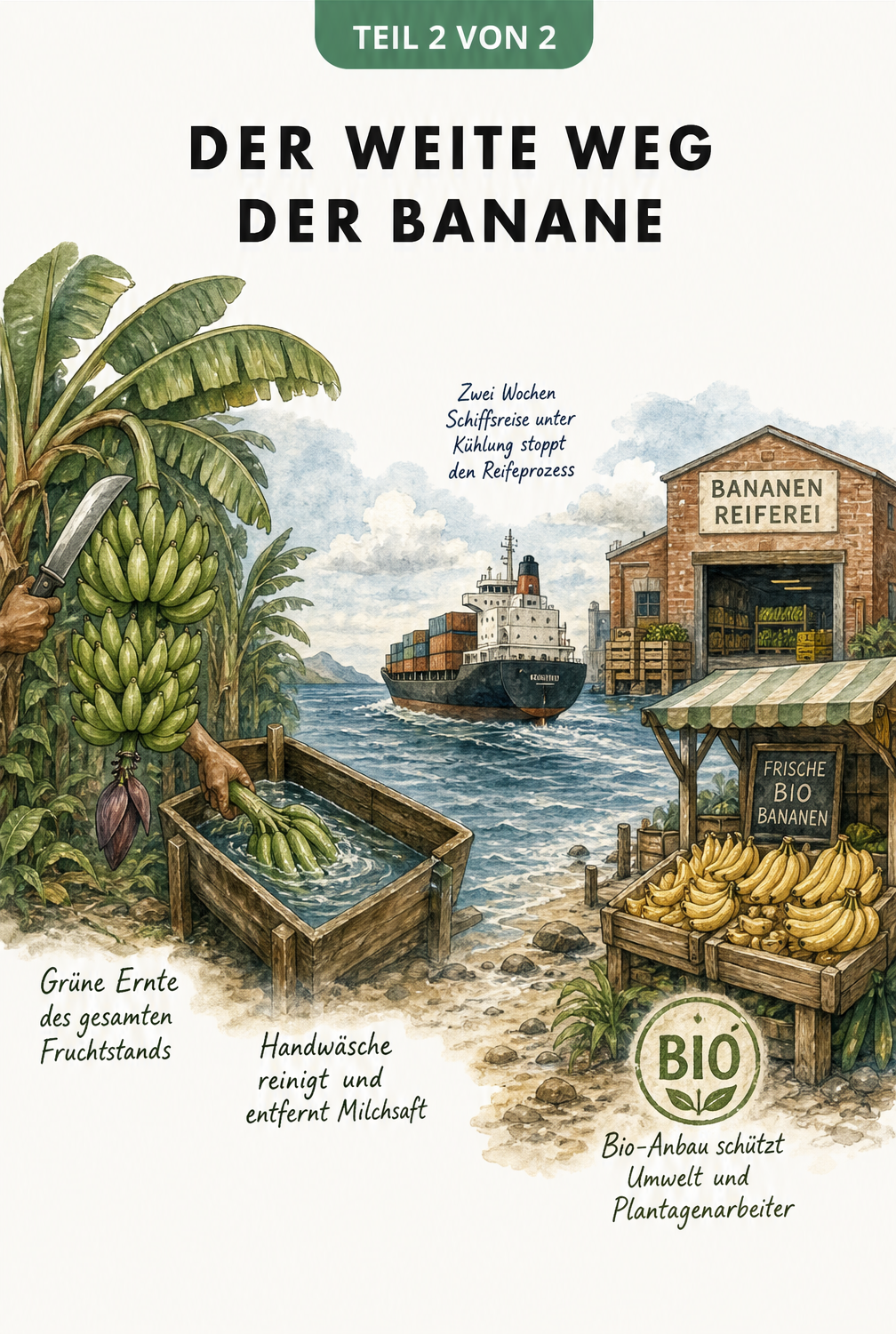 Illustration des Weges der Banane von der grünen Ernte auf der Plantage bis zum Marktstand