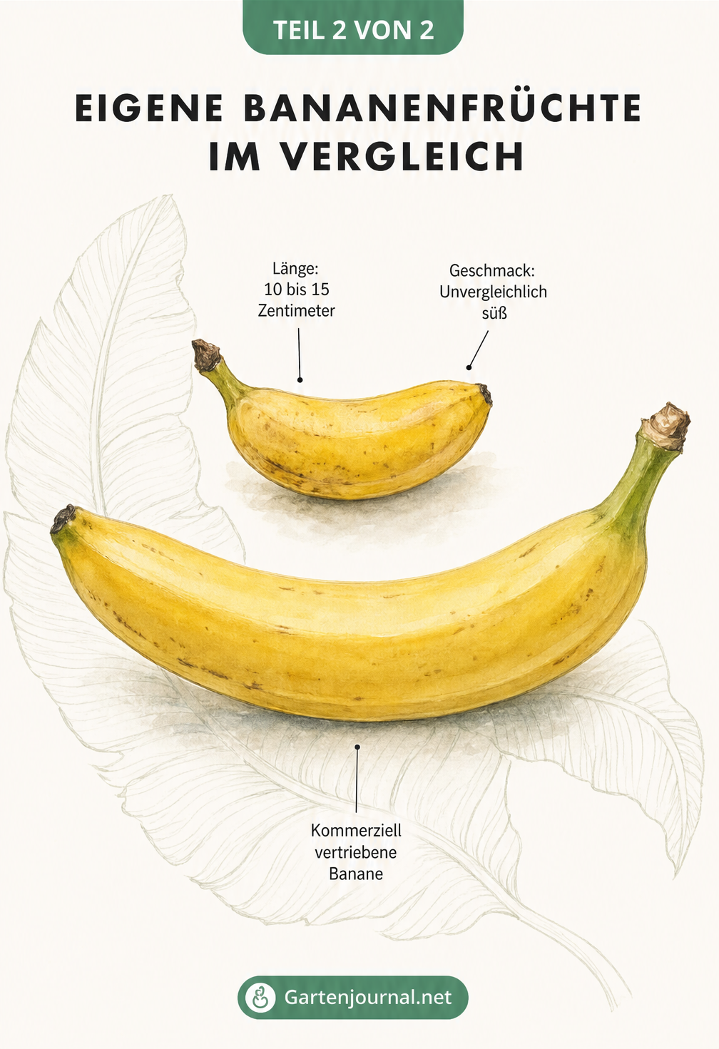 Größenvergleich zwischen einer kleinen, selbst geernteten Banane und einer langen, kommerziell vertriebenen Supermarkt-Banane