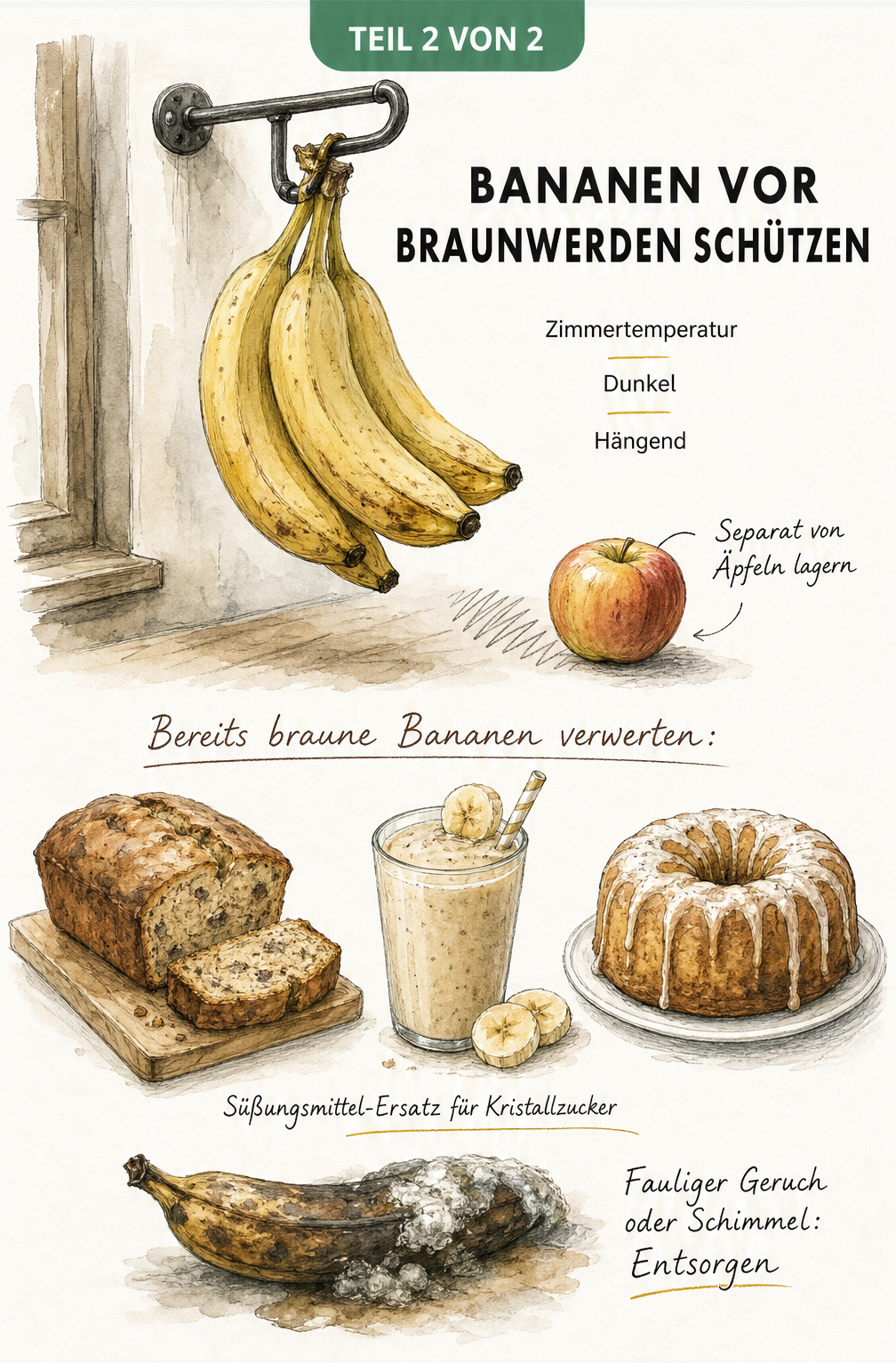 Handgezeichnete Küchenszene, die zeigt, wie man Bananen hängend, dunkel und getrennt von Äpfeln lagert, sowie Ideen zur Verwertung brauner Bananen.