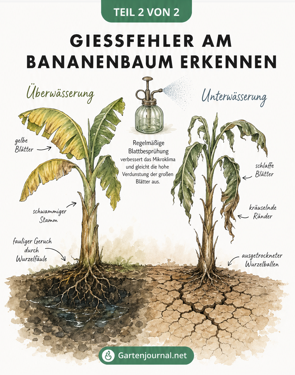 Gegenüberstellung zweier kranker Bananenbäume: links mit gelben Blättern durch Überwässerung, rechts mit schlaffen Blättern durch Unterwässerung.