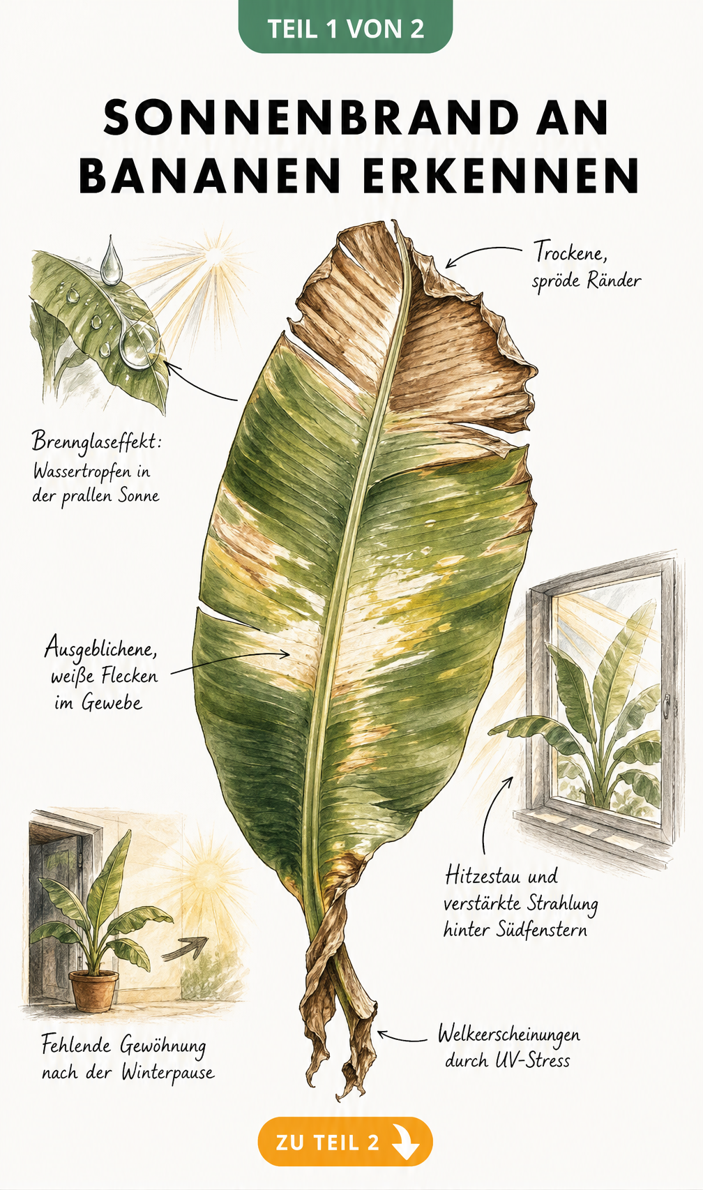 Botanische Illustration eines Bananenblattes mit Schadbildern durch Sonnenbrand wie trockene Ränder und weiße Flecken