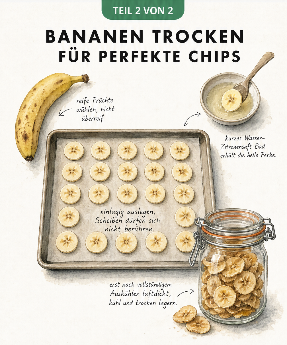 Aquarell-Illustration eines Backblechs mit Bananenscheiben, einer ganzen Banane, Zitronenwasser und einem Bügelglas