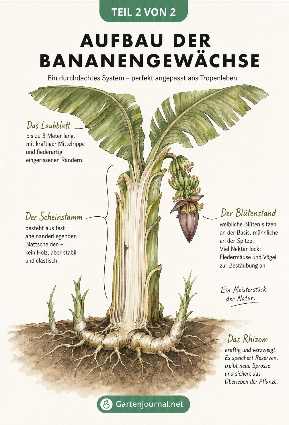 Aquarell-Zeichnung des anatomischen Aufbaus einer Bananenpflanze mit Scheinstamm, Laubblatt und Rhizom