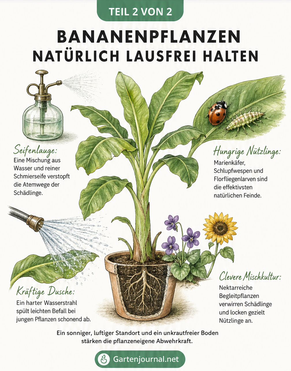 Illustration einer gesunden Bananenpflanze im Topf mit natürlichen Abwehrmaßnahmen wie Wasserstrahl, Seifenlauge, Nützlingen und Begleitpflanzen.